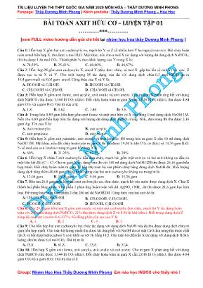Tài liệu luyện thi THPT Quốc gia môn Hóa học năm 2020 - Bài toán axit hữu cơ  Luyện tập 01 - Dương Minh Phong